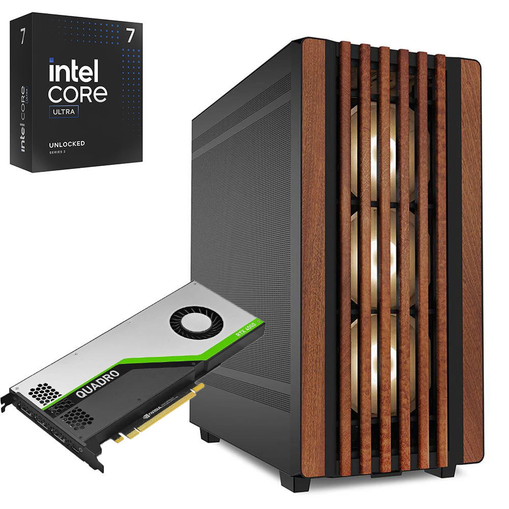 PC professionale CAD con Intel Core Ultra 7 e Nvidia Quadro RTX 4000. Design elegante con pannelli in legno e raffreddamento avanzato per prestazioni elevate. PC professionale CAD con Intel Core Ultra 7 e Nvidia Quadro RTX 4000. Design elegante con pannelli in legno e raffreddamento avanzato per prestazioni elevate.
